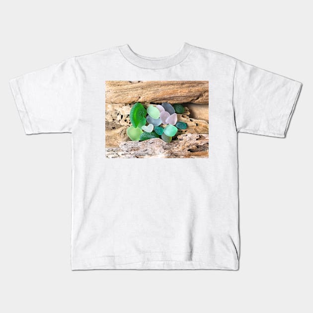 Seaglass and Driftwood with Heart Shaped Sea Glass Kids T-Shirt by LeslieMac713